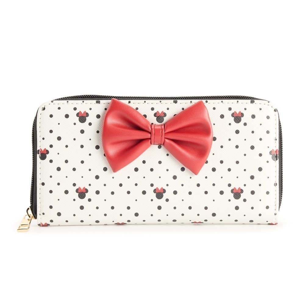 🆕 Disney Minnie Mouse Polka Dot Red Bow Appliqué Full Zip Wallet Gold Hardware